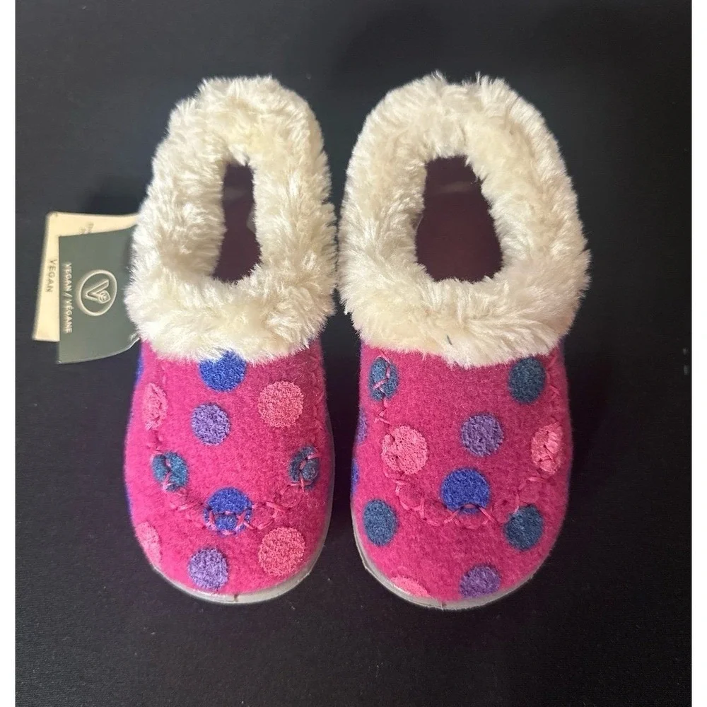 Kamik Kids Cozy Cabin Pink Polka Dot Vegan Faux Fur Slippers Size 7 NWT
